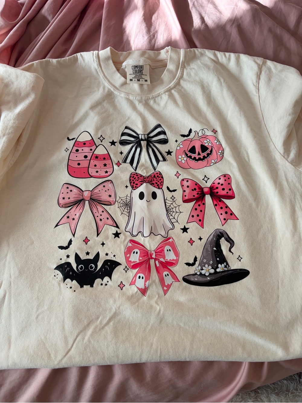 Comfort Colors Cream Halloween Ghost Graphic Tee with Pink and Black Accents
